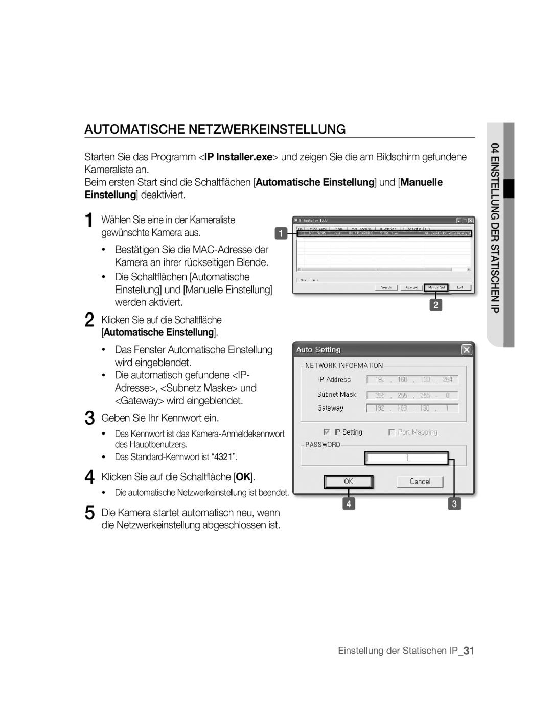 Samsung SNC-B2315P manual Automatische Netzwerkeinstellung, Das Fenster Automatische Einstellung wird eingeblendet 