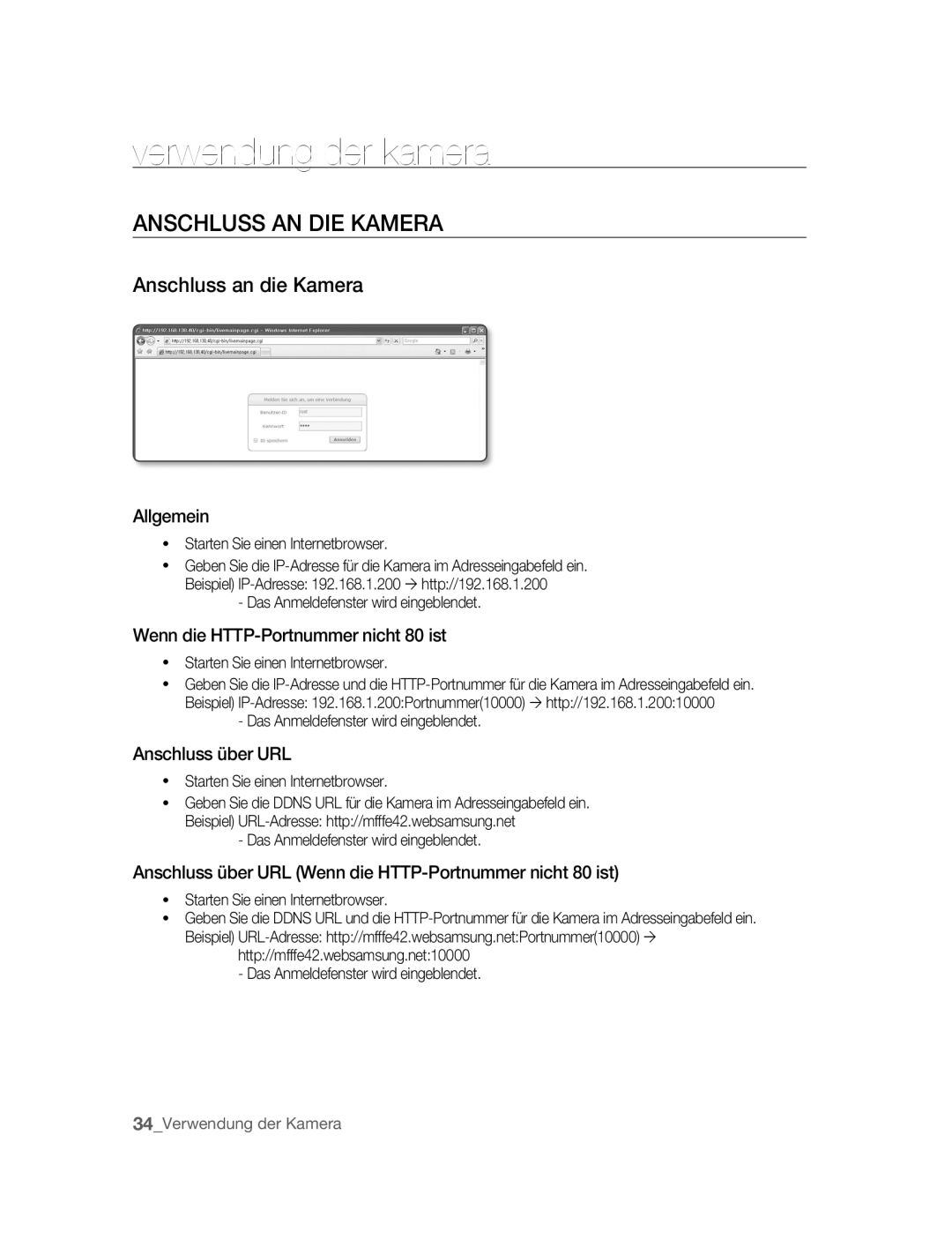 Samsung SNC-B2315P manual Verwendung der kamera, Anschluss AN DIE Kamera, Anschluss an die Kamera 