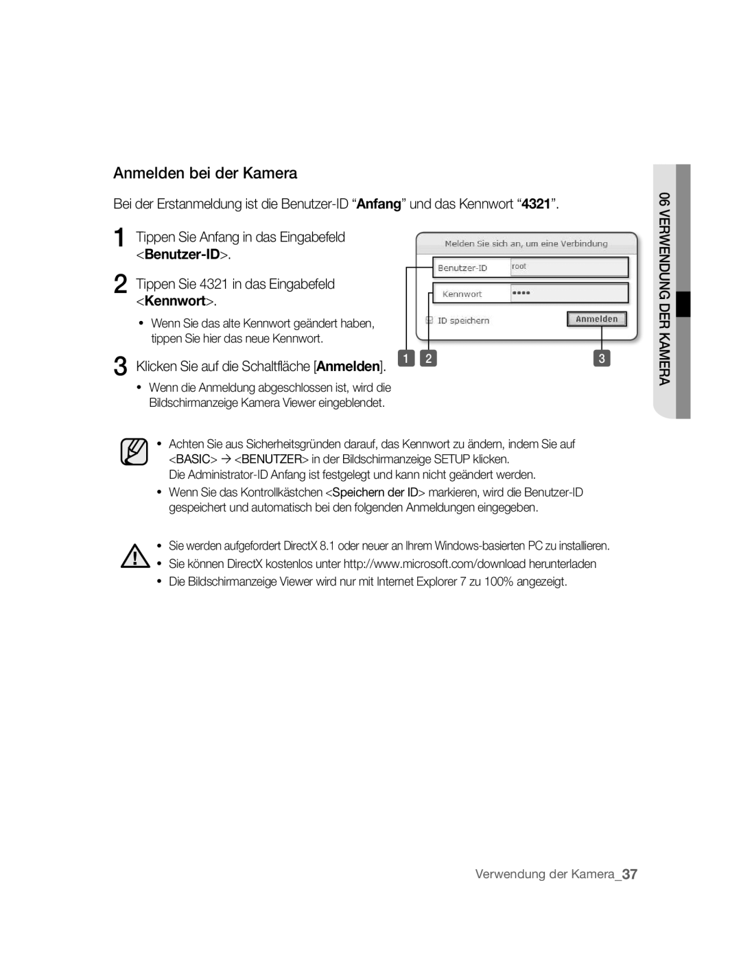 Samsung SNC-B2315P manual Anmelden bei der Kamera, Klicken Sie auf die Schaltfläche Anmelden 