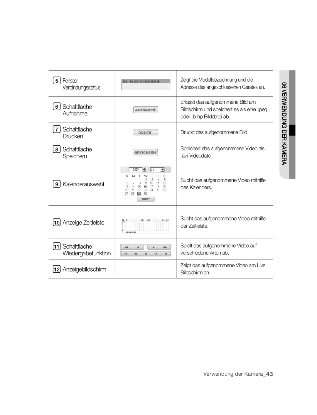 Samsung SNC-B2315P manual Kalenderauswahl Anzeige Zeitleiste, Schaltfläche Wiedergabefunktion 