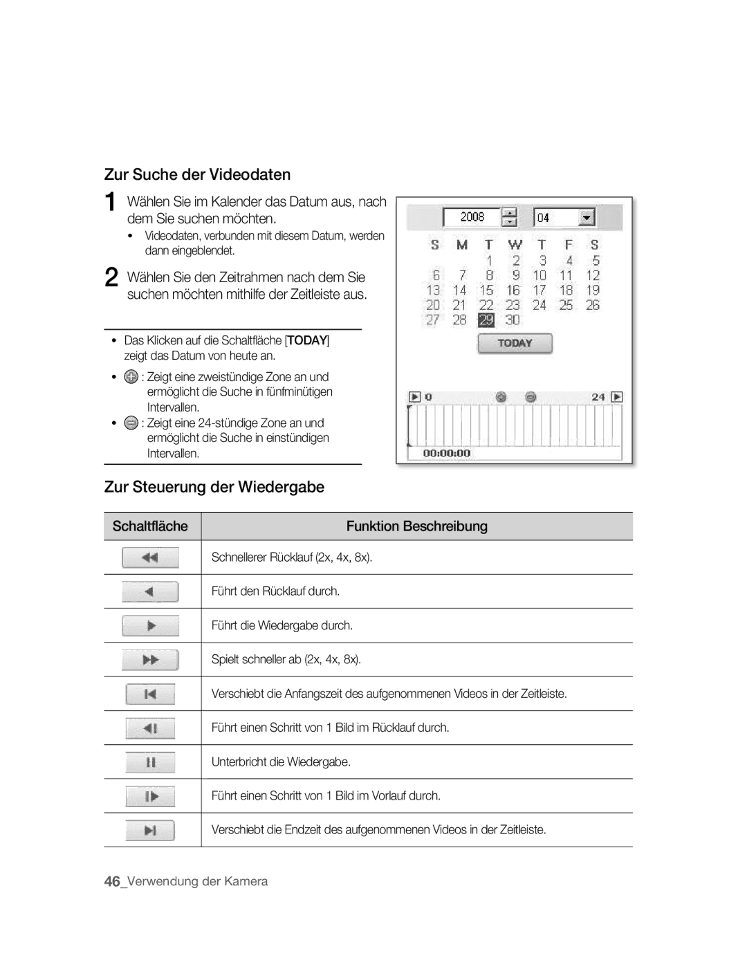 Samsung SNC-B2315P manual Zur Suche der Videodaten, Zur Steuerung der Wiedergabe, Funktion Beschreibung 