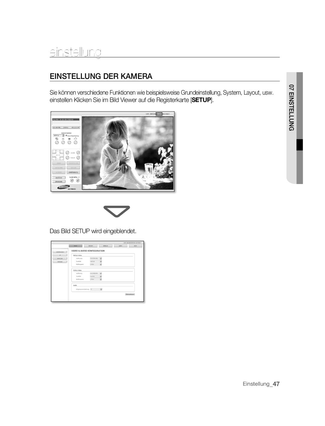 Samsung SNC-B2315P manual Einstellung DER Kamera, Das Bild Setup wird eingeblendet 