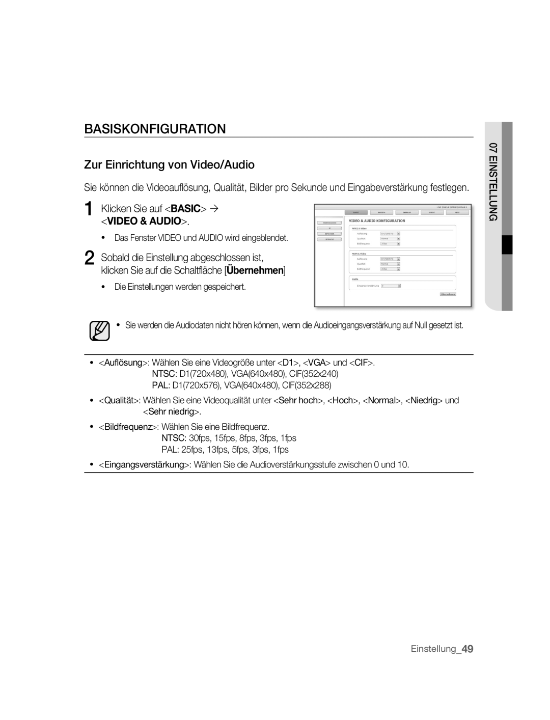 Samsung SNC-B2315P manual Basiskonfiguration, Zur Einrichtung von Video/Audio, Klicken Sie auf Basic ´ Video & Audio 