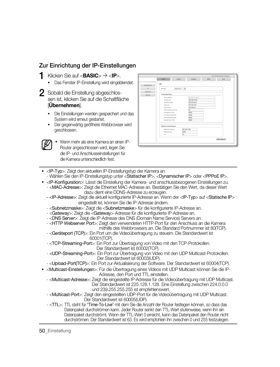 Samsung SNC-B2315P manual Zur Einrichtung der IP-Einstellungen, Klicken Sie auf Basic ´ IP 