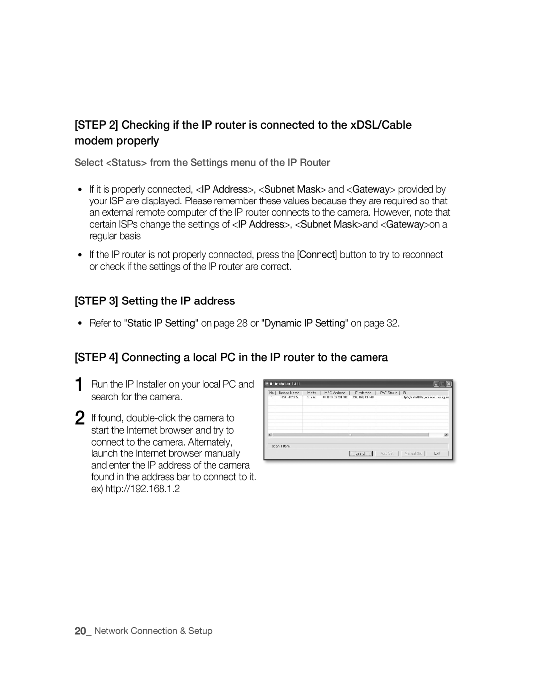 Samsung SNC-B2315P manual Setting the IP address, Connecting a local PC in the IP router to the camera 