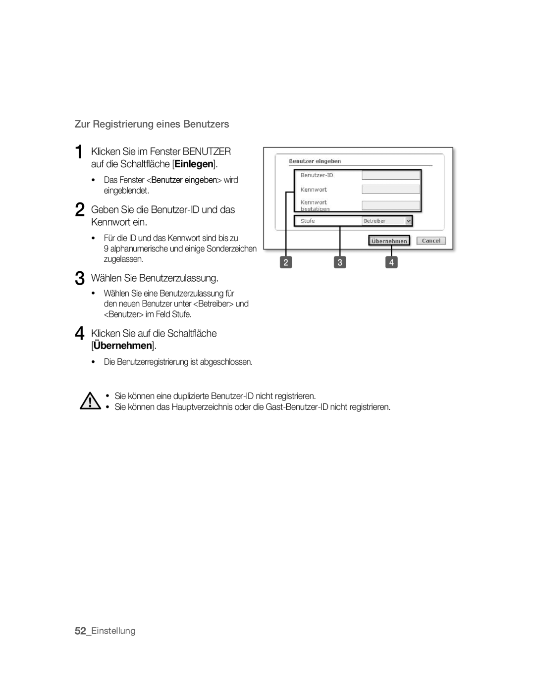 Samsung SNC-B2315P manual Zur Registrierung eines Benutzers, Geben Sie die Benutzer-ID und das Kennwort ein 