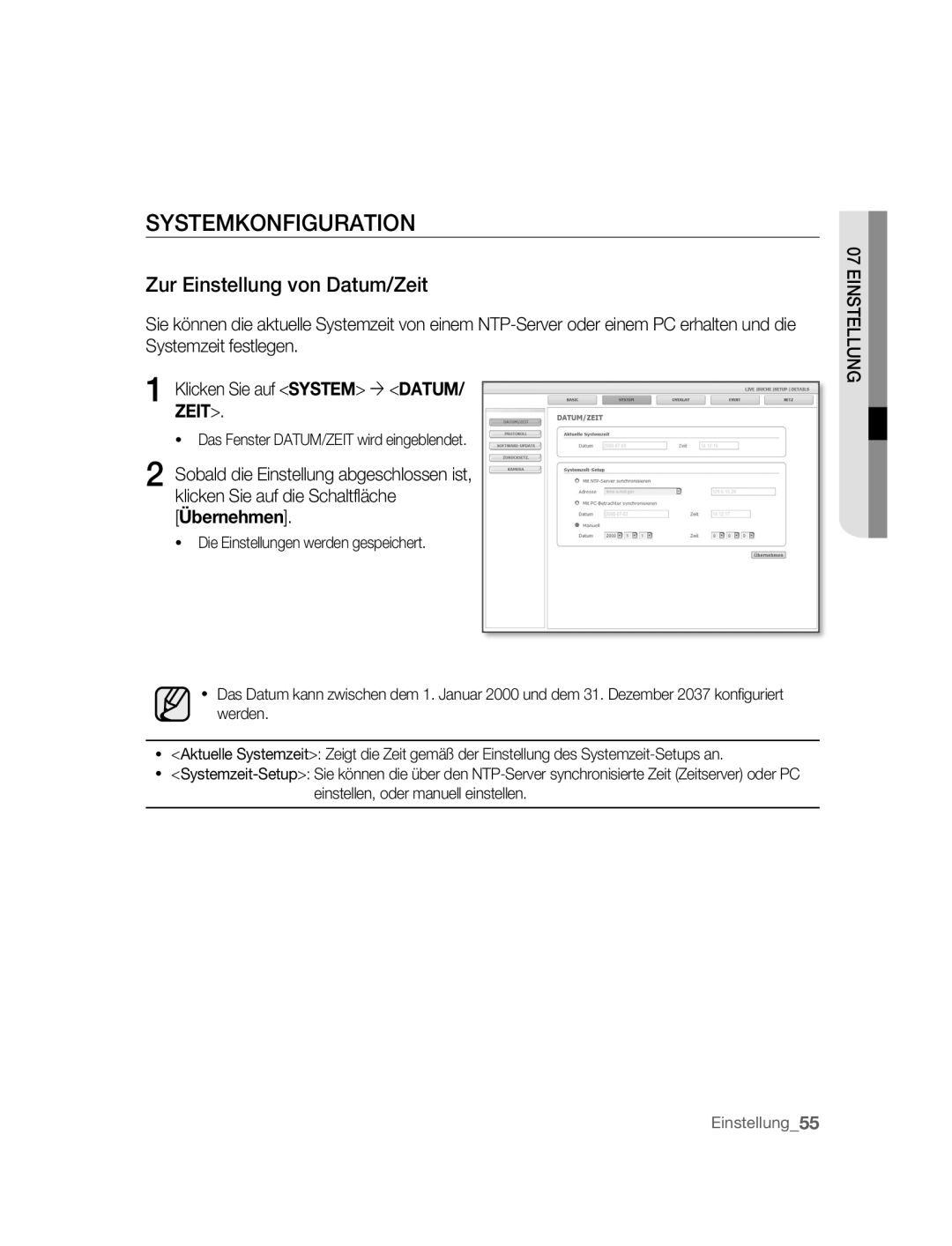 Samsung SNC-B2315P manual Systemkonfiguration, Zur Einstellung von Datum/Zeit, Das Fenster DATUM/ZEIT wird eingeblendet 