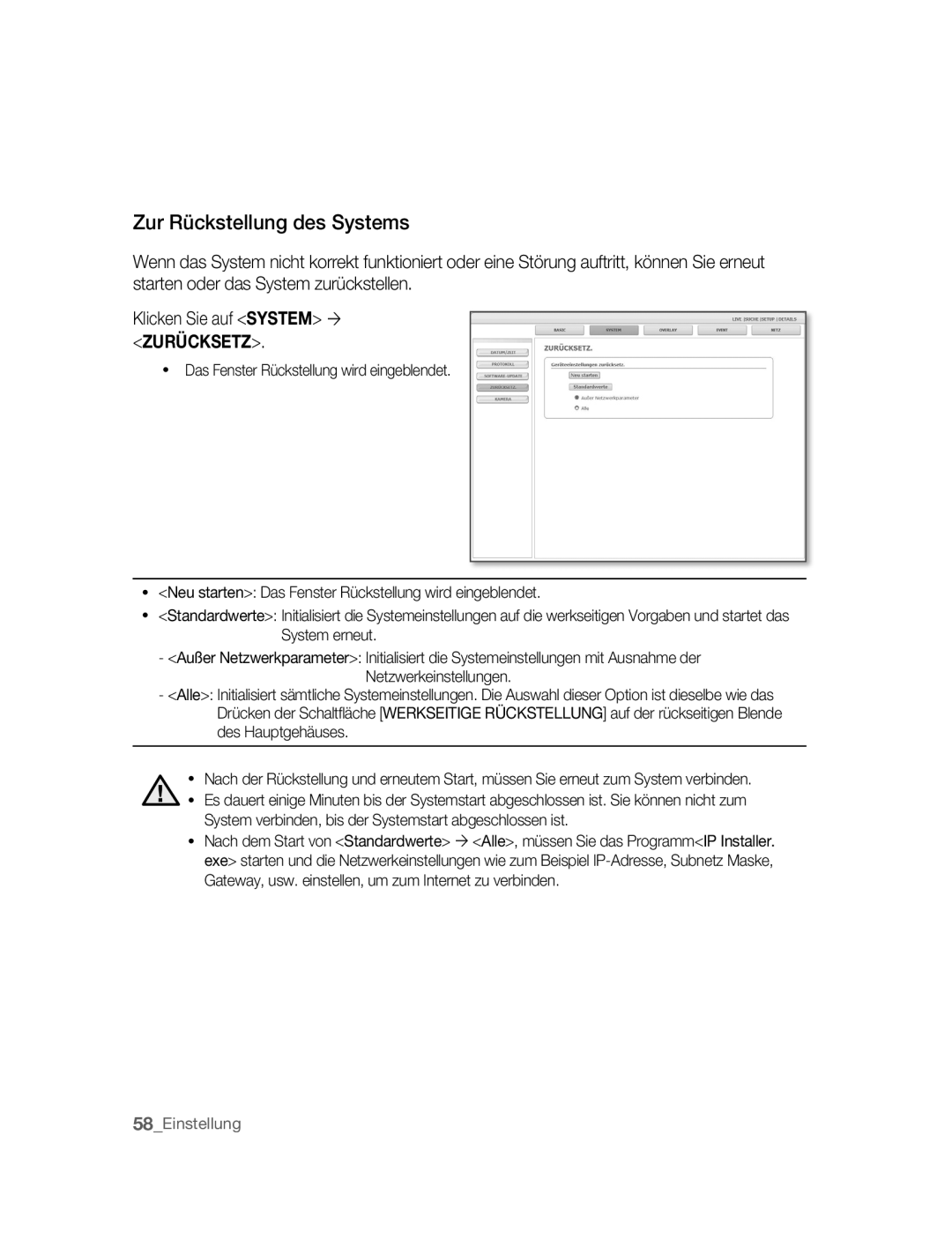 Samsung SNC-B2315P manual Zur Rückstellung des Systems, Klicken Sie auf System ´ Zurücksetz 