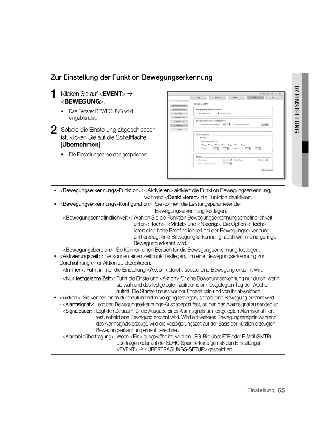 Samsung SNC-B2315P manual Zur Einstellung der Funktion Bewegungserkennung, Klicken Sie auf Event ´ Bewegung 