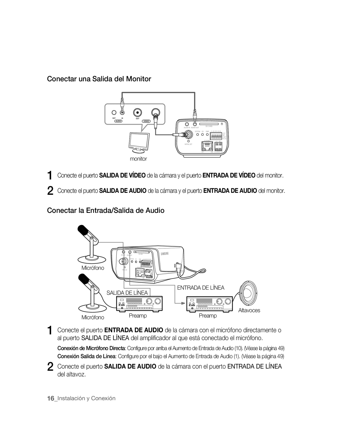 Samsung SNC-B2315P manual Conectar una Salida del Monitor, Conectar la Entrada/Salida de Audio, Micrófono Preamp 