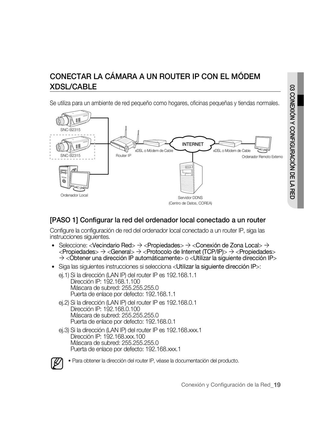 Samsung SNC-B2315P manual Conectar LA Cámara a UN Router IP CON EL Módem XDSL/CABLE 