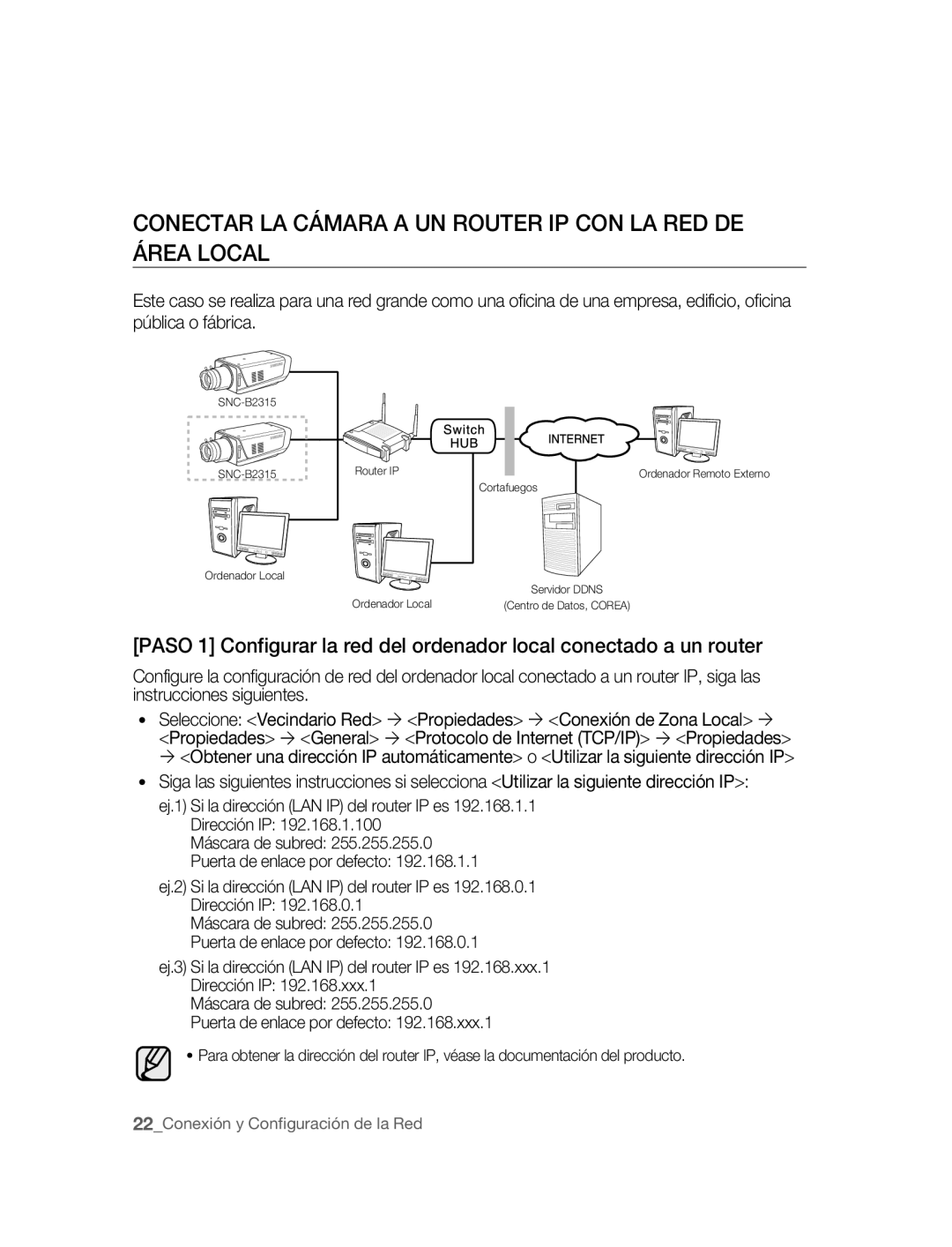 Samsung SNC-B2315P manual Conectar LA Cámara a UN Router IP CON LA RED DE Área Local 