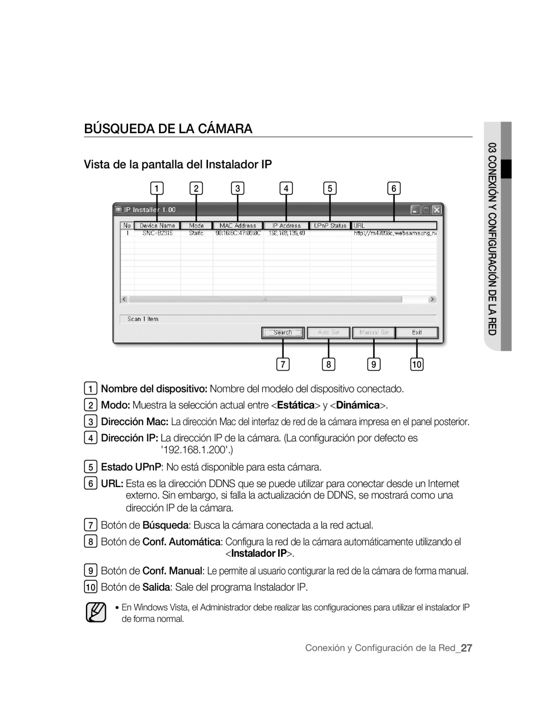 Samsung SNC-B2315P manual Búsqueda DE LA Cámara, Vista de la pantalla del Instalador IP 