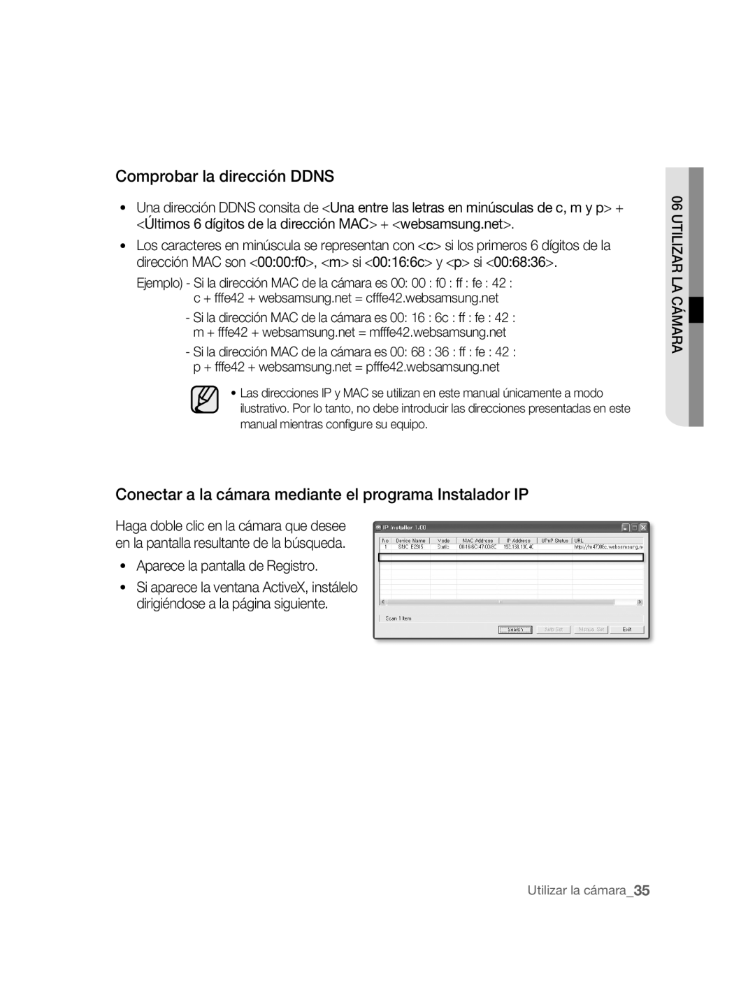 Samsung SNC-B2315P manual Comprobar la dirección Ddns, Conectar a la cámara mediante el programa Instalador IP 