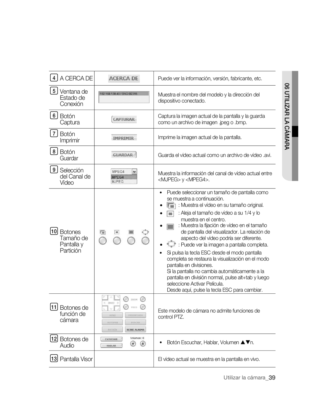 Samsung SNC-B2315P manual Botón Captura Botón Imprimir, Ventana de Estado de Conexión, Botón Guardar 