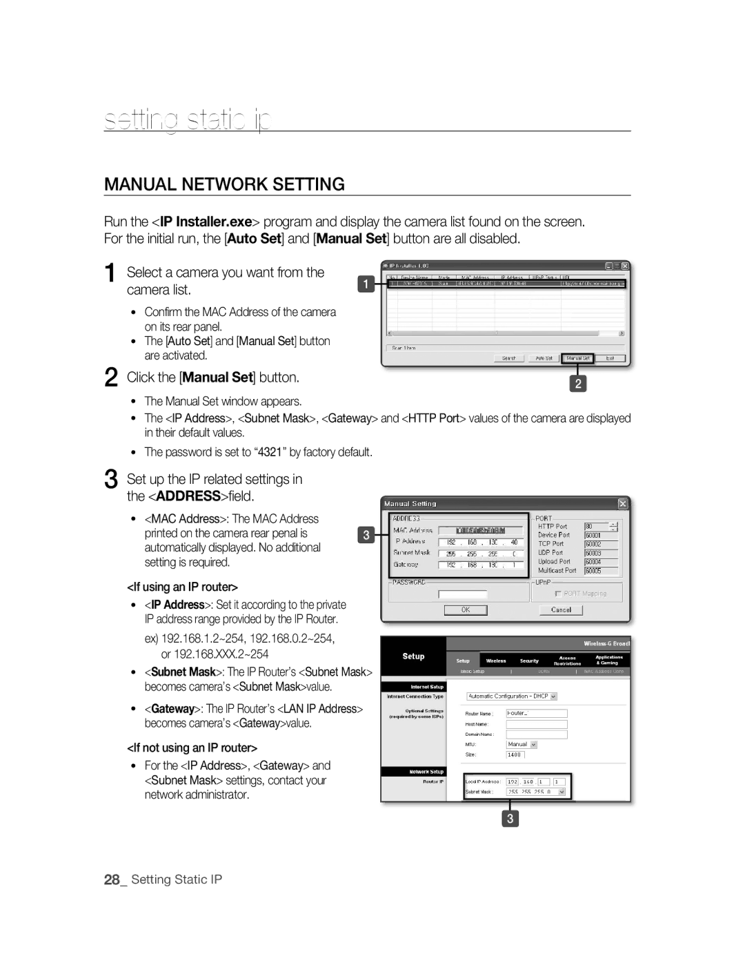 Samsung SNC-B2315P manual Setting static ip, MANUAl NETWORk Setting, Camera list, Click the Manual Set button 