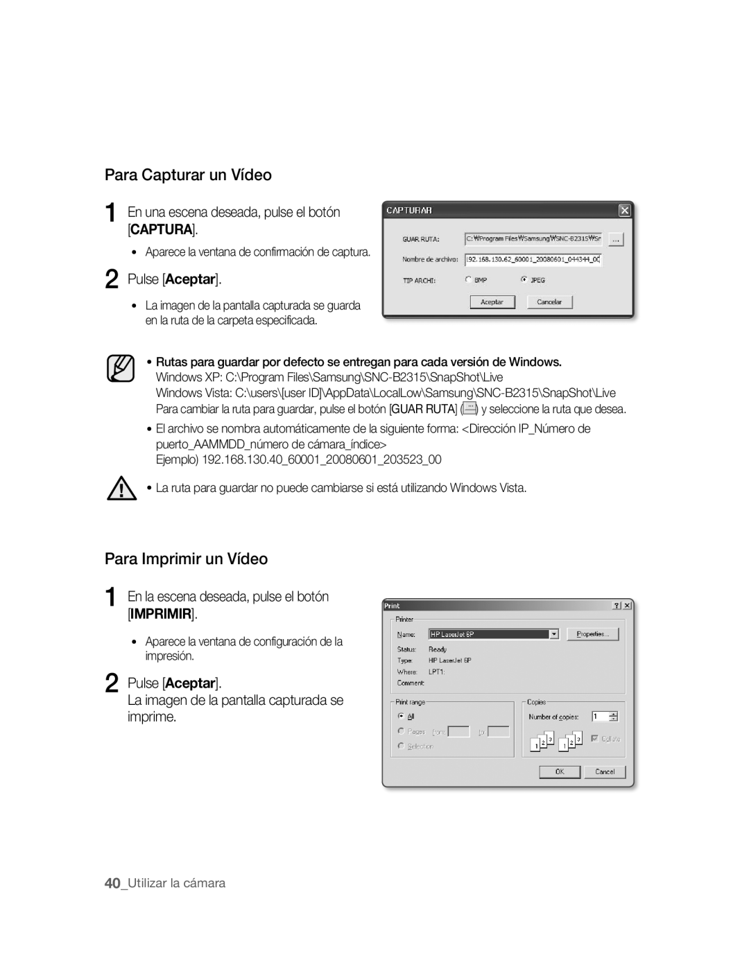 Samsung SNC-B2315P manual Para Capturar un Vídeo, Para Imprimir un Vídeo 