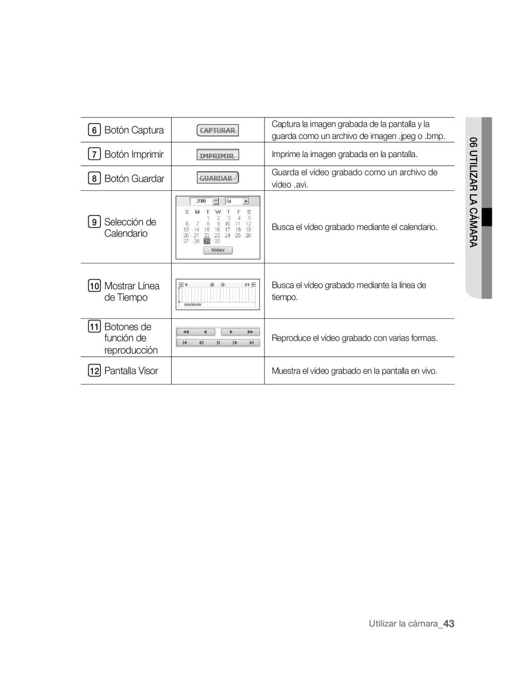 Samsung SNC-B2315P manual Botón Captura Botón Imprimir Botón Guardar, Selección de Calendario Mostrar Línea de Tiempo 