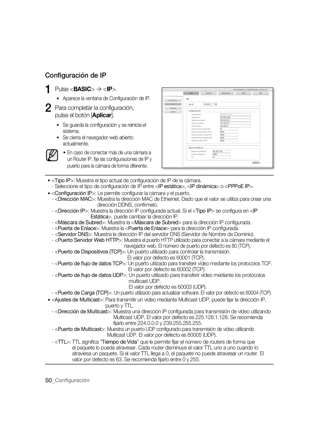 Samsung SNC-B2315P manual Configuración de IP, Pulse Basic ´ IP, Puerto y TTL 