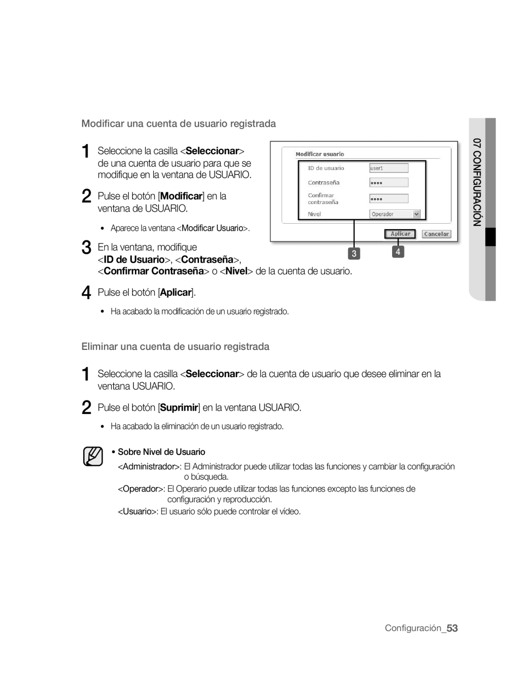 Samsung SNC-B2315P manual Modificar una cuenta de usuario registrada, Pulse el botón Modificar en la ventana de Usuario 