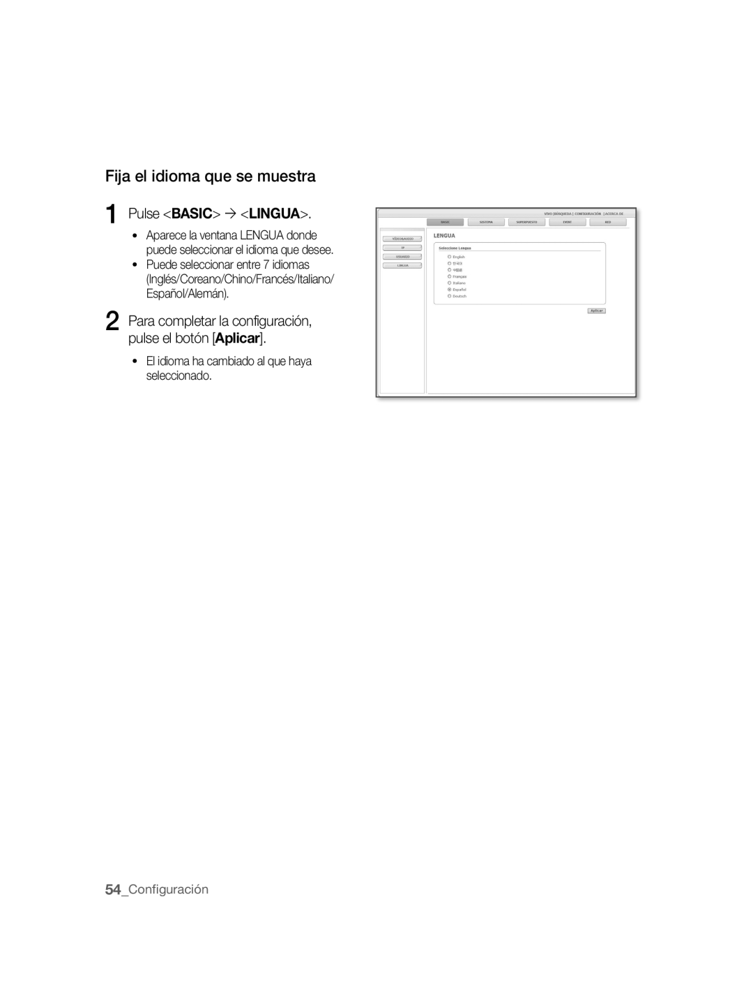 Samsung SNC-B2315P manual Fija el idioma que se muestra, Pulse Basic ´ Lingua 