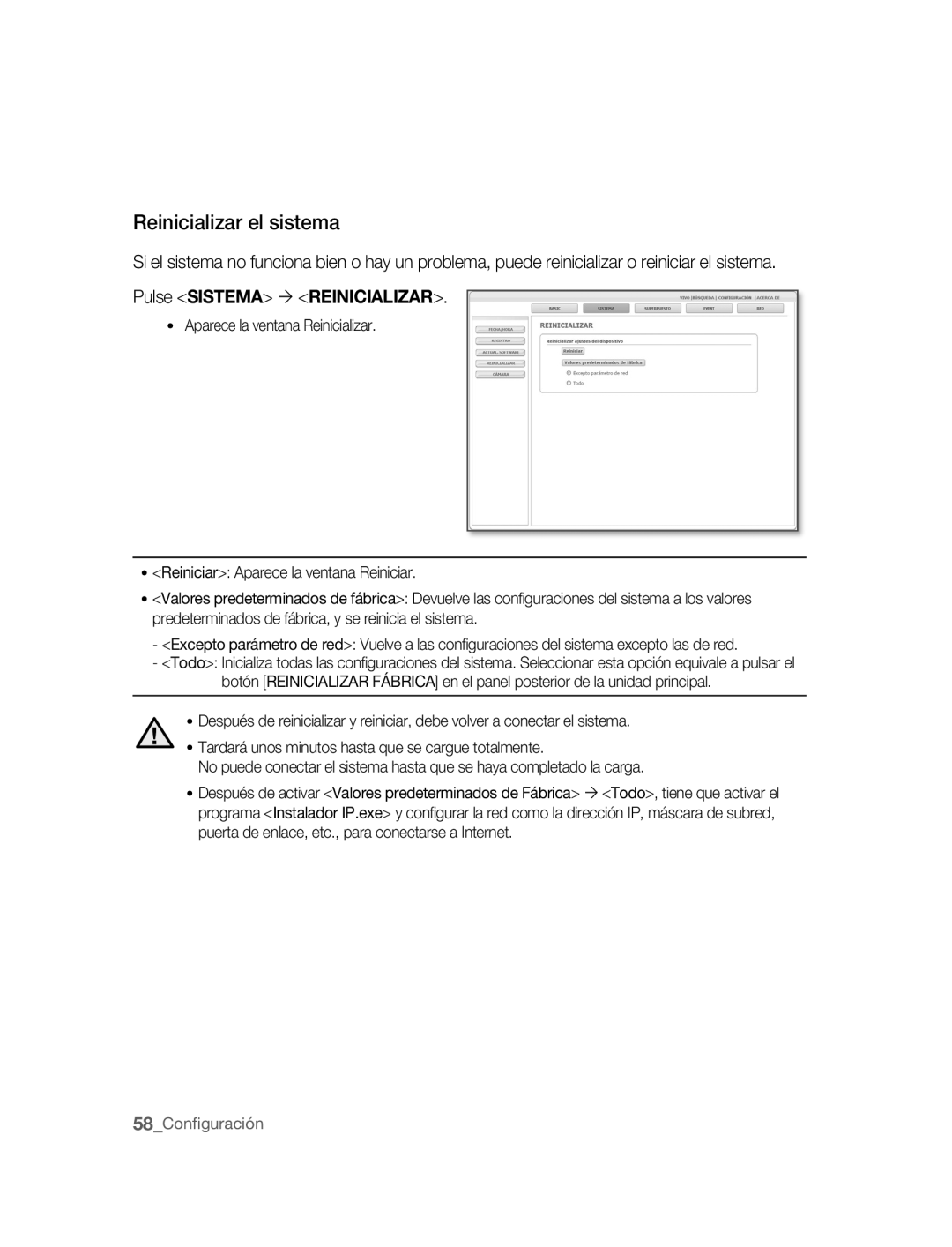 Samsung SNC-B2315P manual Reinicializar el sistema, Pulse Sistema ´ Reinicializar 