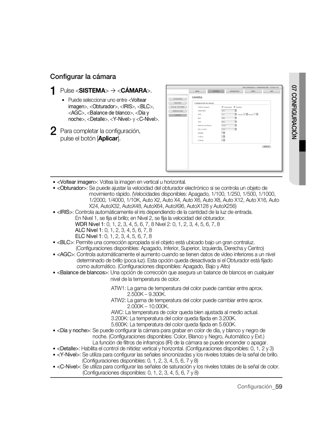 Samsung SNC-B2315P manual Configurar la cámara, Pulse Sistema ´ Cámara 