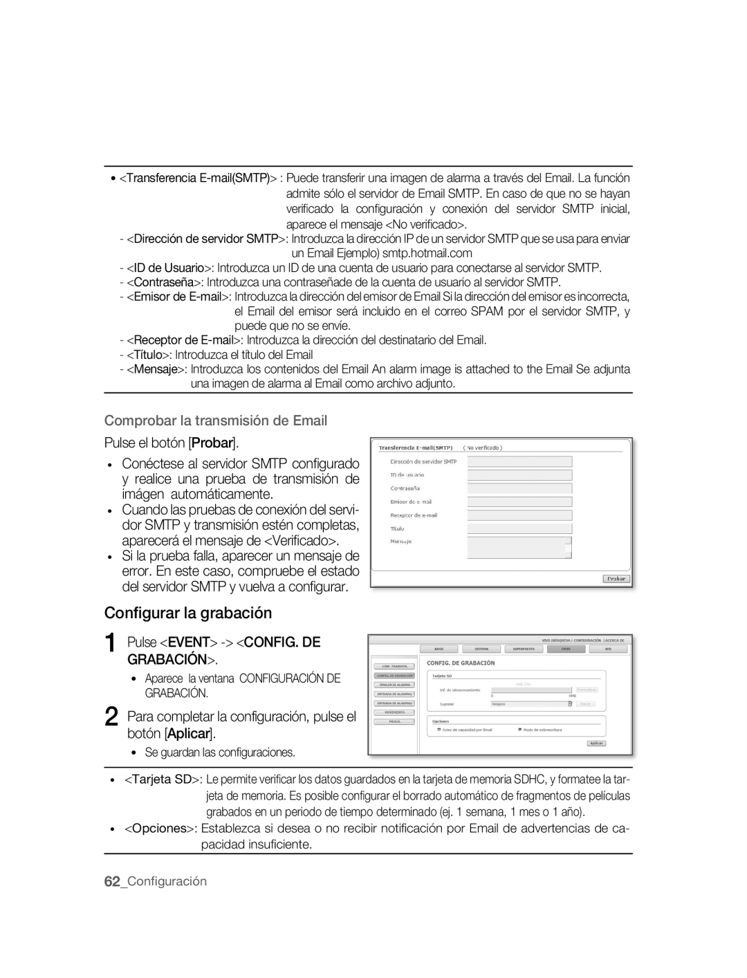 Samsung SNC-B2315P manual Conﬁgurar la grabación, Comprobar la transmisión de Email, Pulse Event CONFIG. DE Grabación 