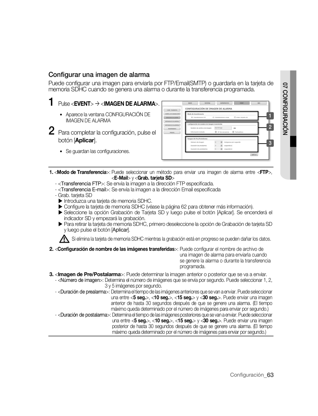 Samsung SNC-B2315P manual Conﬁgurar una imagen de alarma, Pulse Event ´IMAGEN DE Alarma 