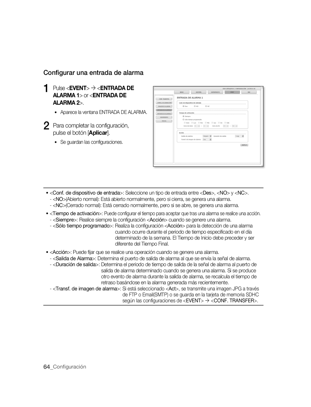 Samsung SNC-B2315P manual Configurar una entrada de alarma, Pulse Event ´ Entrada DE Alarma 1 or Entrada DE Alarma 