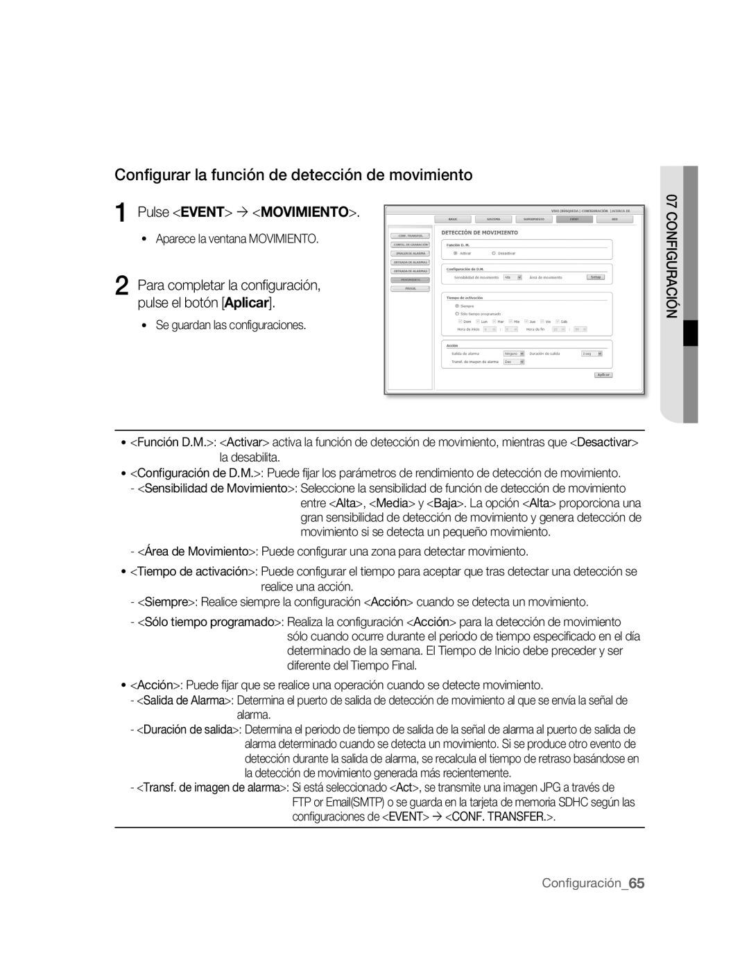 Samsung SNC-B2315P manual Configurar la función de detección de movimiento, Pulse Event ´ Movimiento 