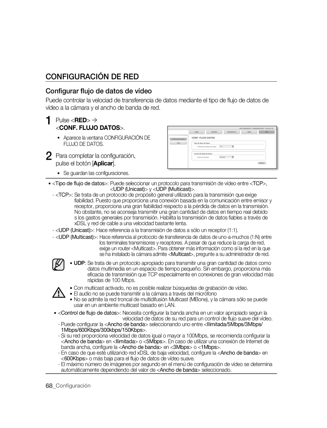 Samsung SNC-B2315P manual Configuración DE RED, Configurar flujo de datos de vídeo 