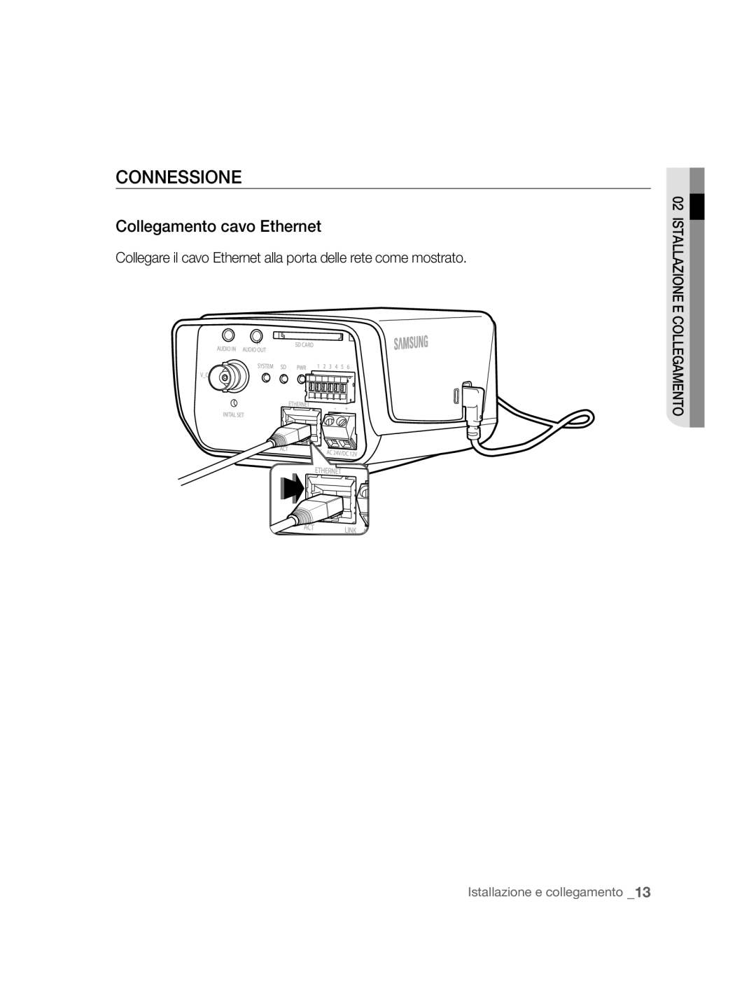 Samsung SNC-B2315P manual Connessione, Collegamento cavo Ethernet 