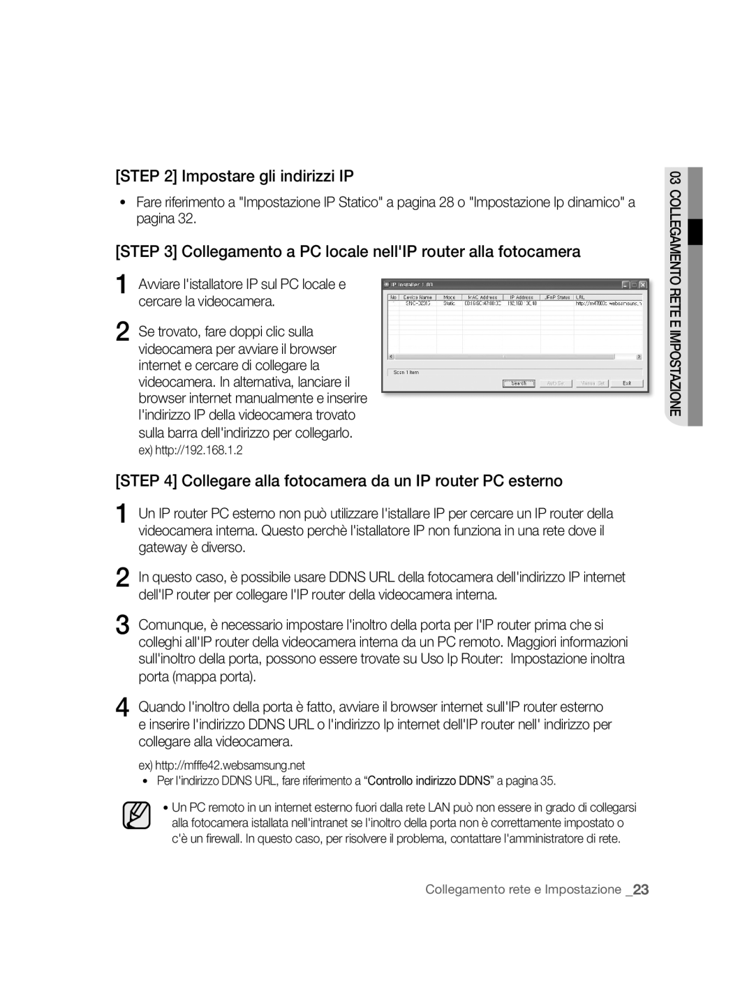 Samsung SNC-B2315P manual Impostare gli indirizzi IP, Collegare alla fotocamera da un IP router PC esterno 