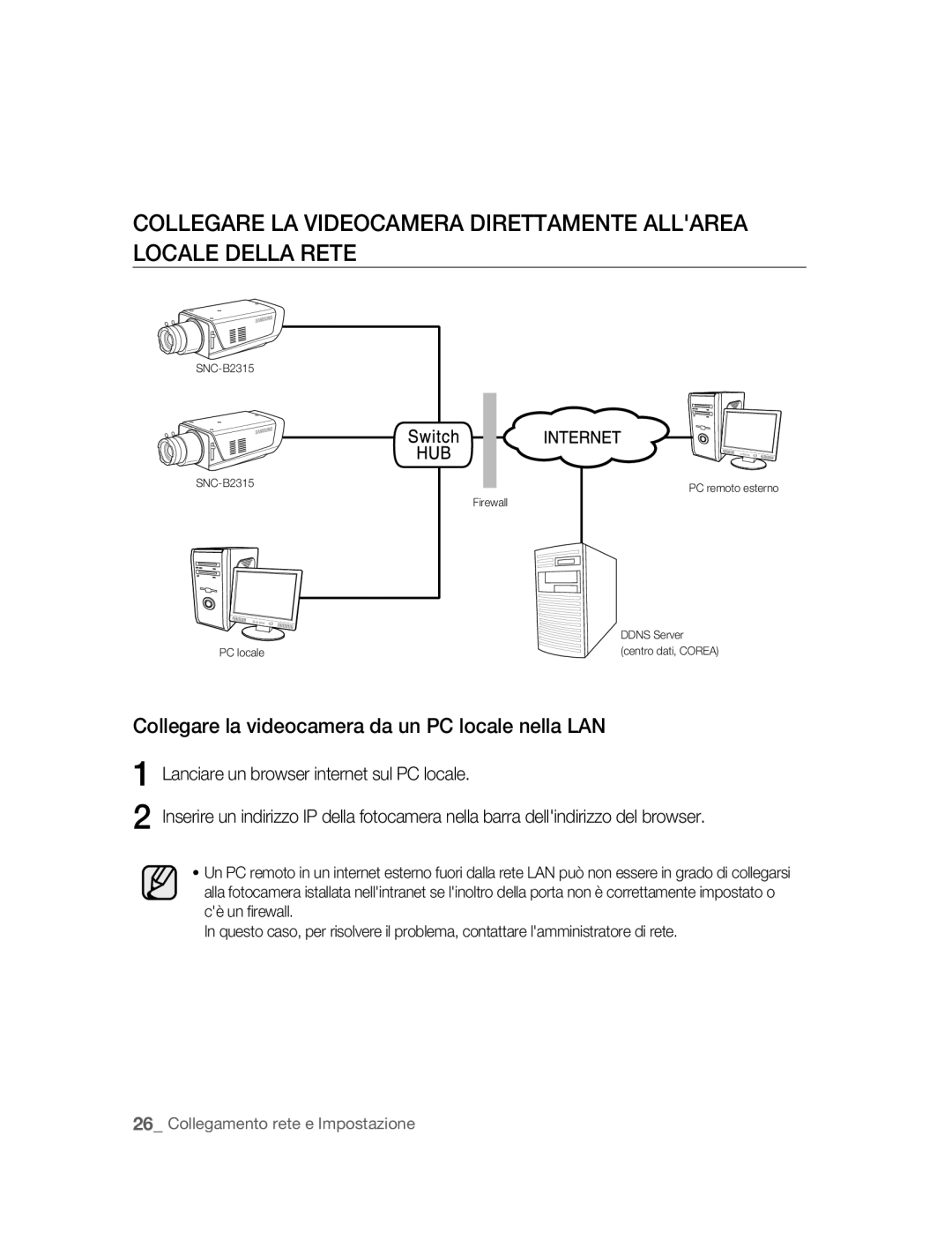 Samsung SNC-B2315P manual Collegare la videocamera da un PC locale nella LAN 