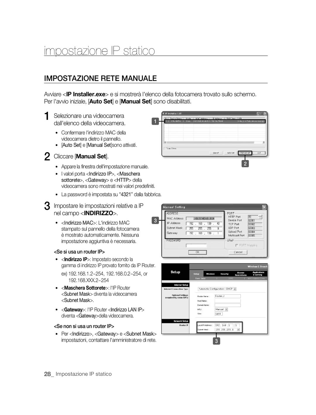 Samsung SNC-B2315P manual Impostazione IP statico, Impostazione Rete Manuale, Cliccare Manual Set 