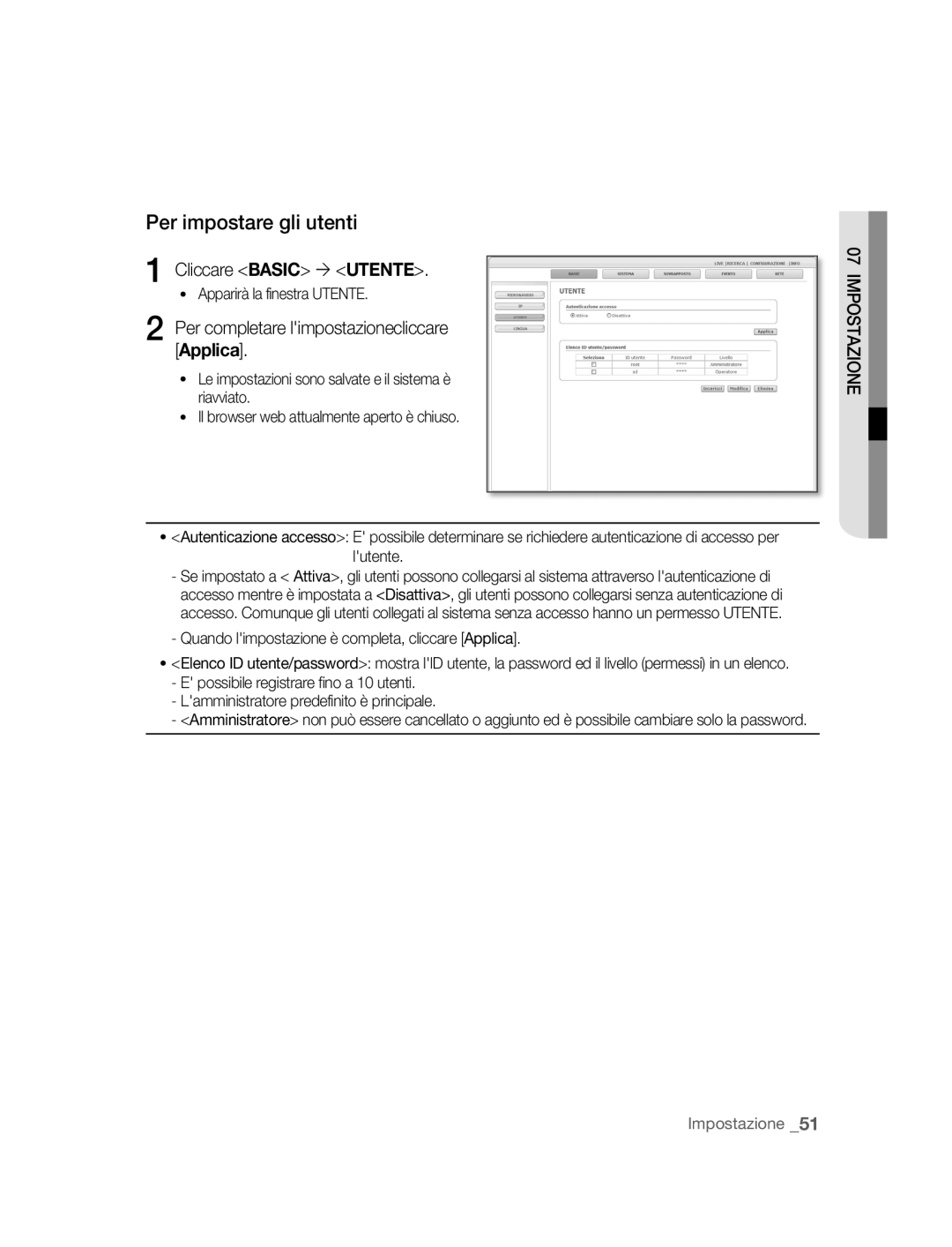 Samsung SNC-B2315P manual Per impostare gli utenti, Cliccare Basic ´ Utente, Apparirà la finestra Utente 