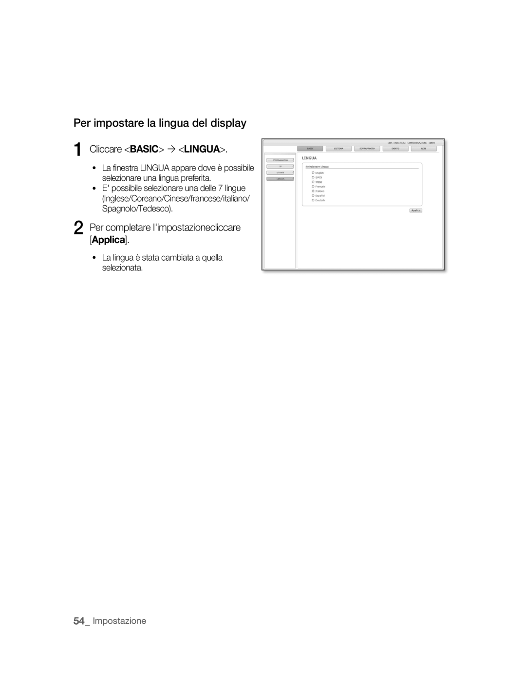 Samsung SNC-B2315P manual Per impostare la lingua del display, Cliccare Basic ´ Lingua 