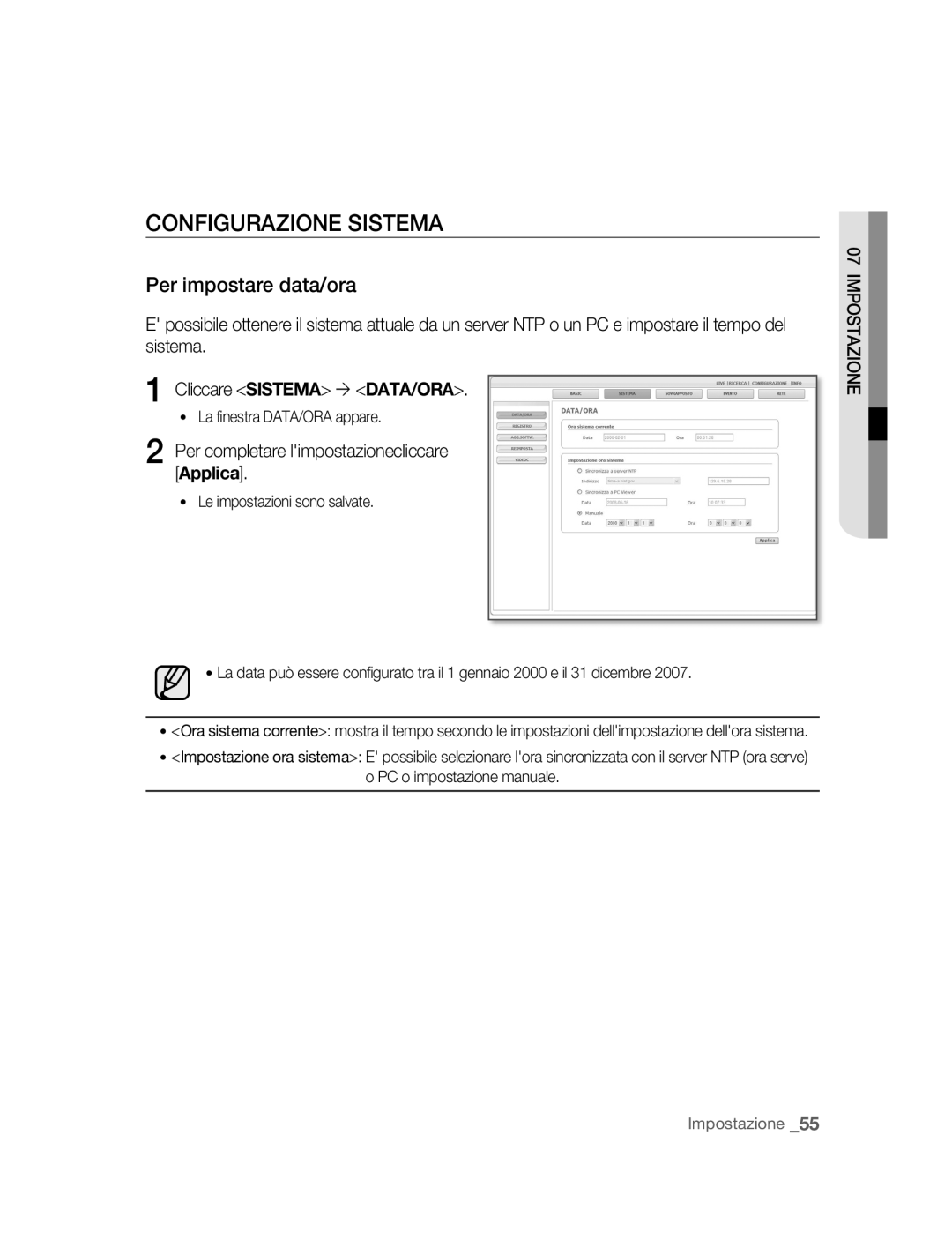 Samsung SNC-B2315P manual Configurazione Sistema, Per impostare data/ora, La finestra DATA/ORA appare 