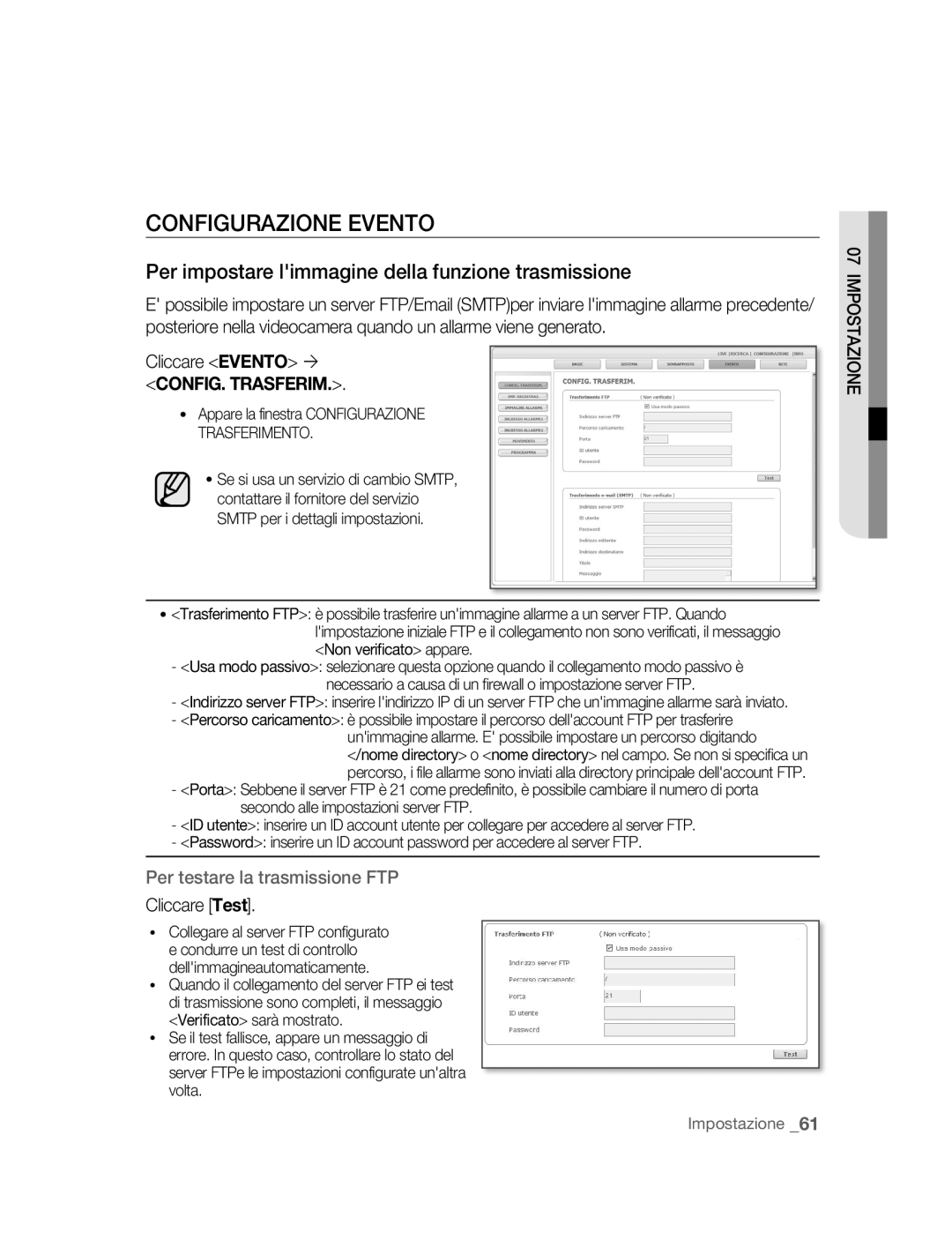 Samsung SNC-B2315P manual Configurazione Evento, Per impostare limmagine della funzione trasmissione, Cliccare Test 