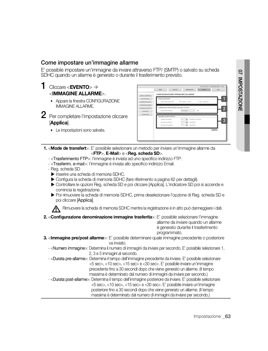 Samsung SNC-B2315P manual Come impostare un’immagine allarme, Per completare l’impostazione cliccare 