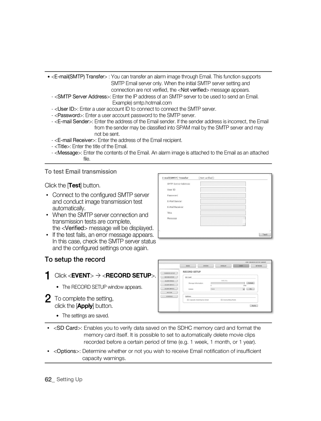 Samsung SNC-B2315P manual To setup the record, Click Event  Record Setup 