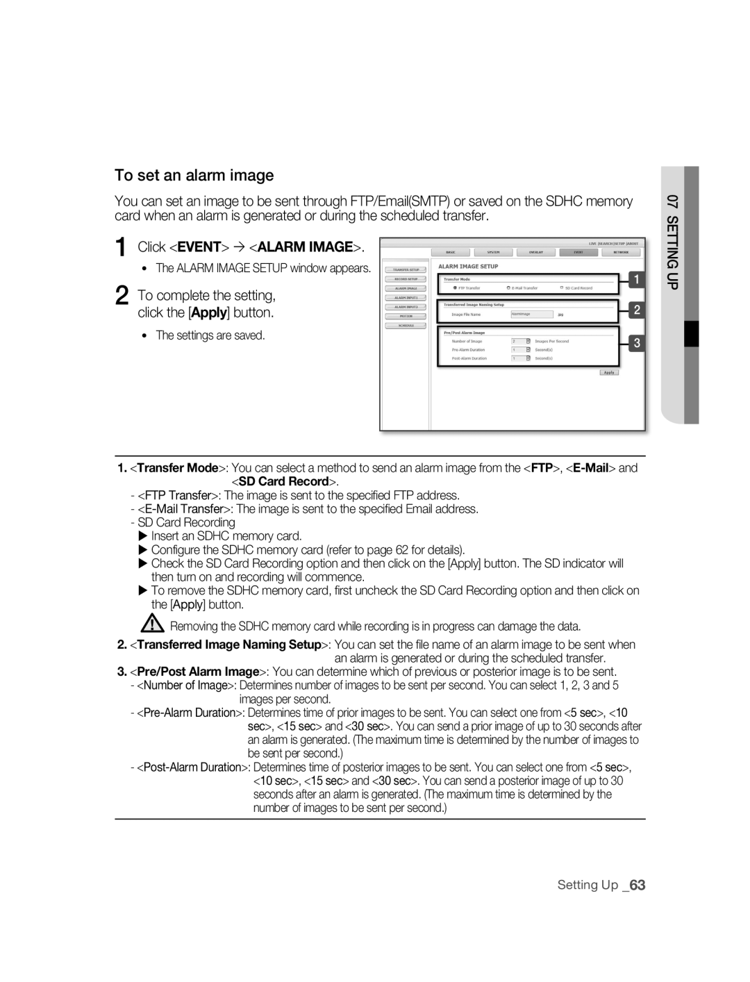 Samsung SNC-B2315P manual To set an alarm image, Click Event  Alarm Image, To complete the setting Click the Apply button 