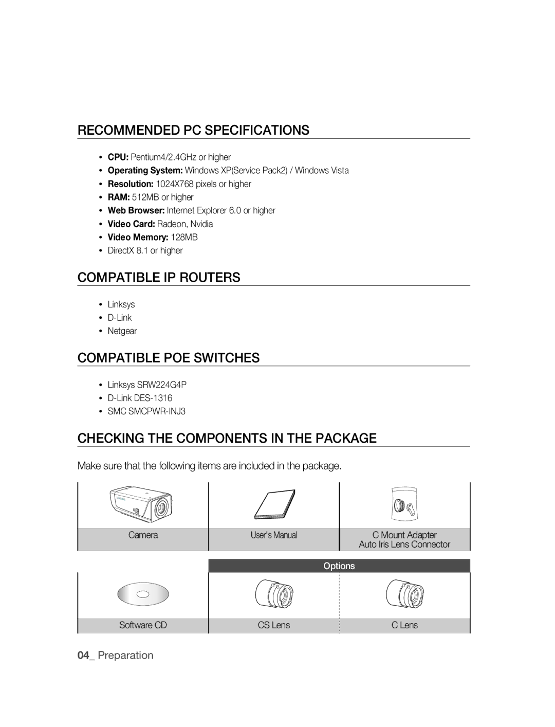 Samsung SNC-B2315P manual Recommended PC Specifications, Compatible IP Routers, Compatible PoE Switches 