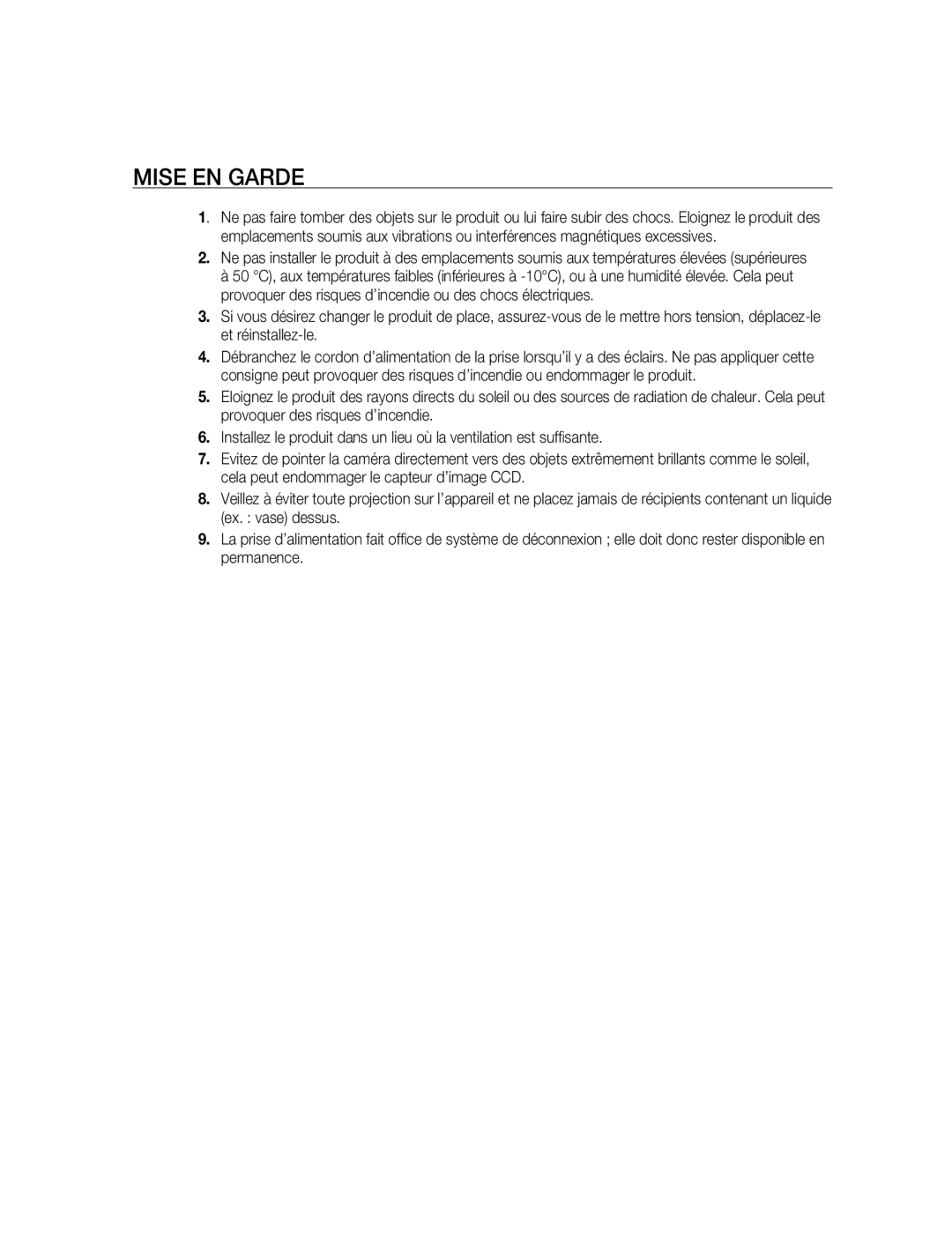 Samsung SNC-B2315P manual Mise EN Garde 