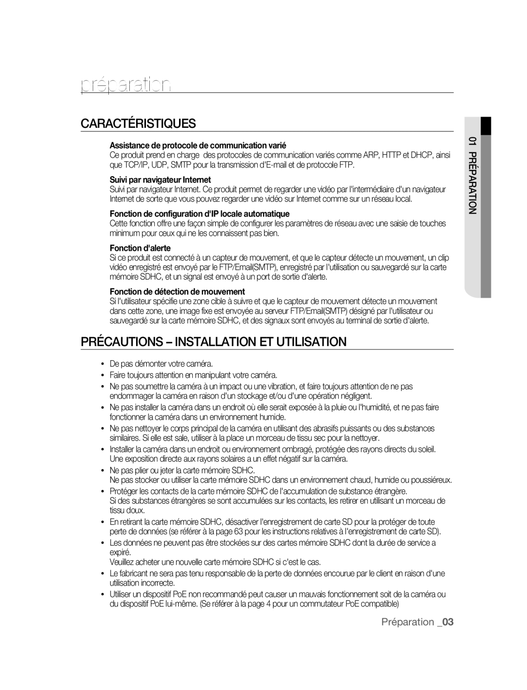 Samsung SNC-B2315P manual Préparation, Caractéristiques, Précautions Installation ET Utilisation 