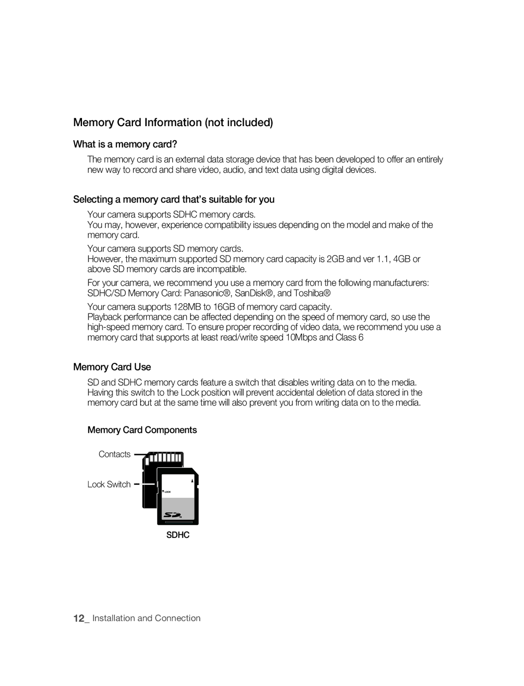 Samsung SNC-B2315P Memory Card Information not included, What is a memory card?, Memory Card Use, Contacts Lock Switch 