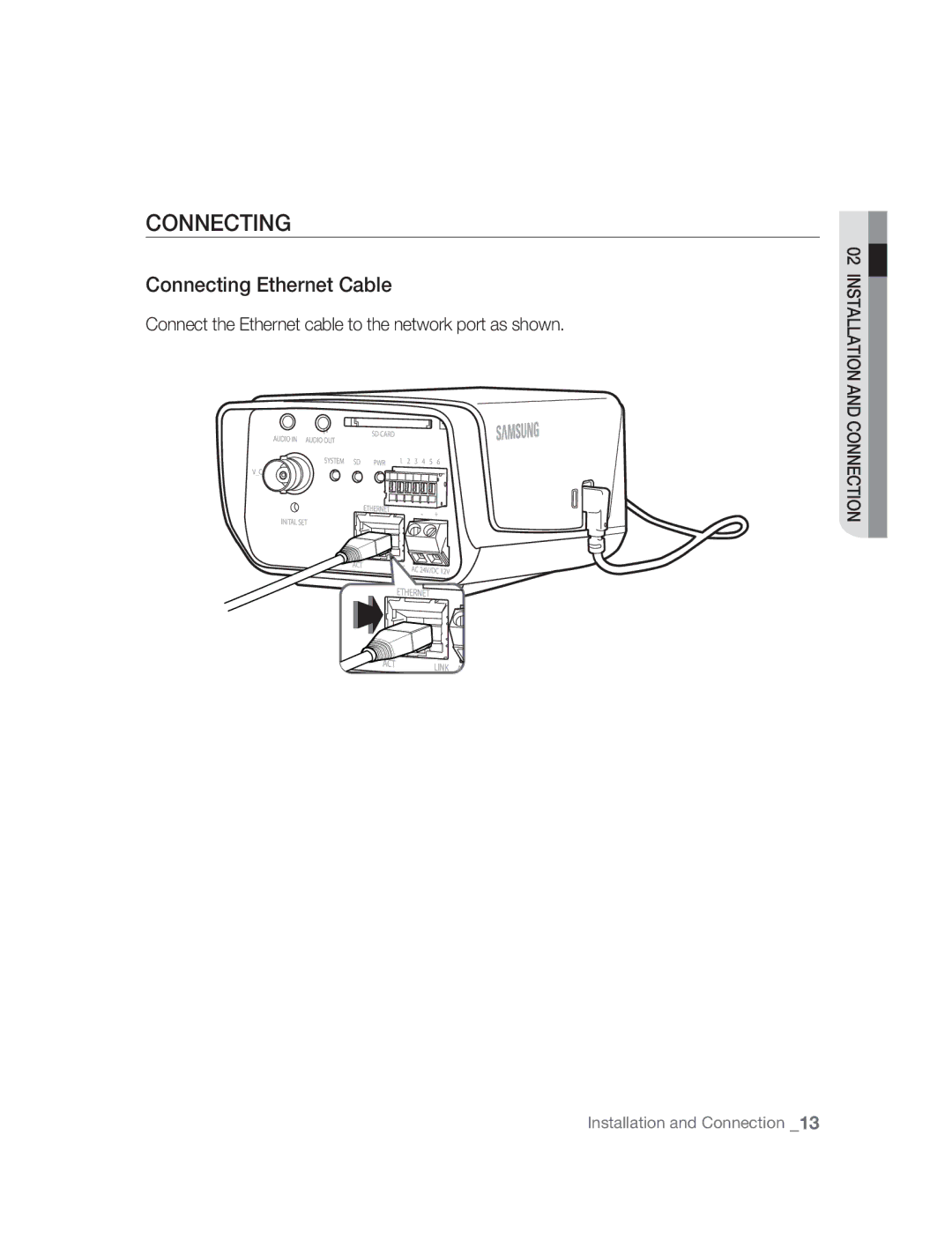 Samsung SNC-B2315P manual Connecting Ethernet Cable, Connect the Ethernet cable to the network port as shown 