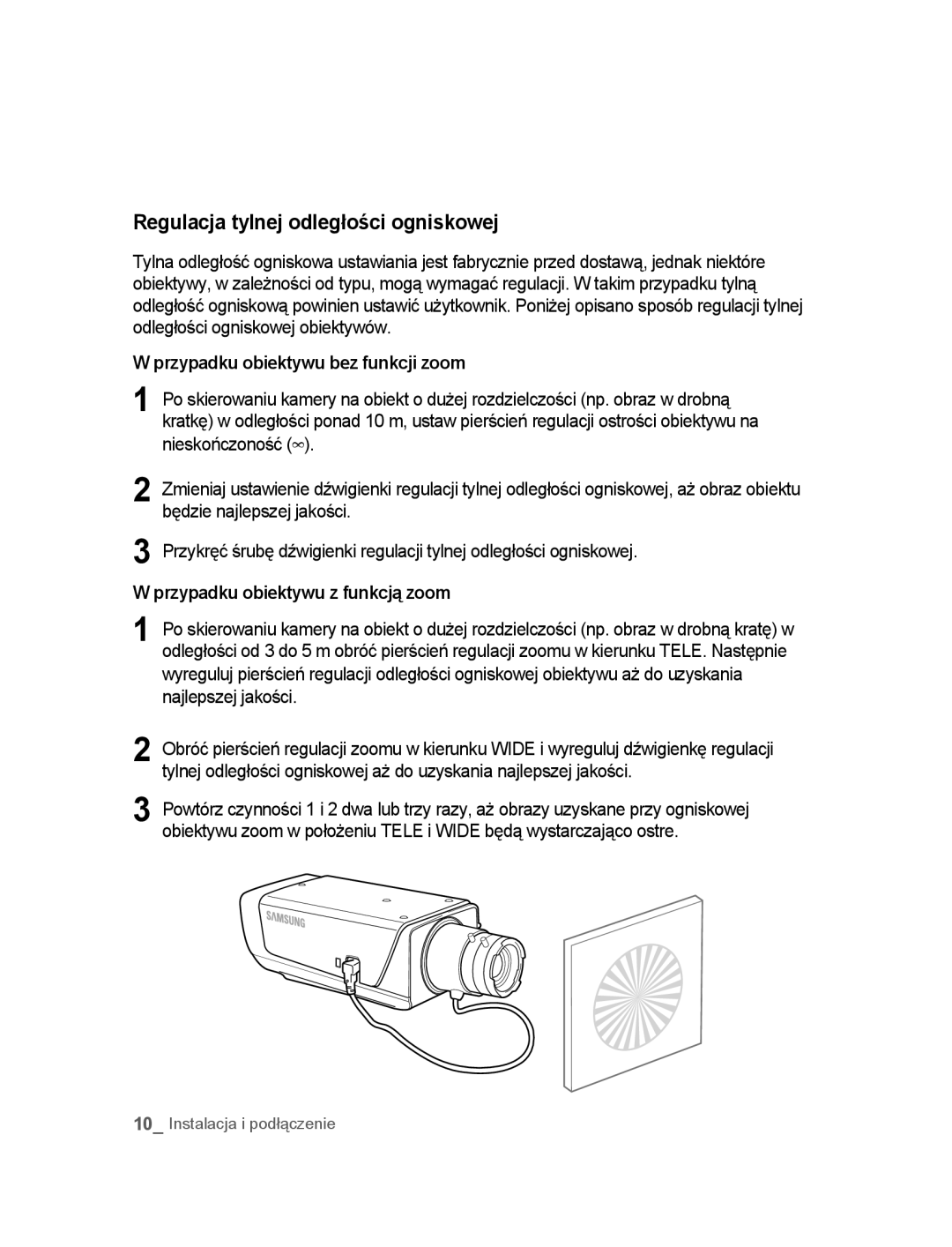 Samsung SNC-B2315P manual Regulacja tylnej odległości ogniskowej, Przypadku obiektywu bez funkcji zoom 