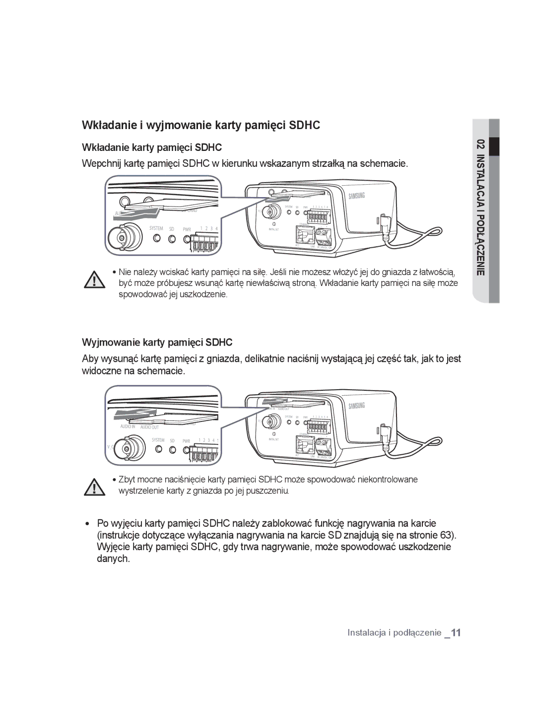 Samsung SNC-B2315P Wkładanie i wyjmowanie karty pamięci Sdhc, Wkładanie karty pamięci Sdhc, Wyjmowanie karty pamięci Sdhc 